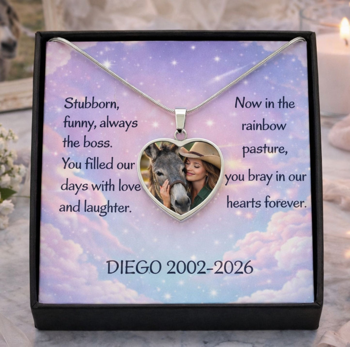 Custom Donkey Memorial Heart  Pendant Photo Necklace & Message Card Gift