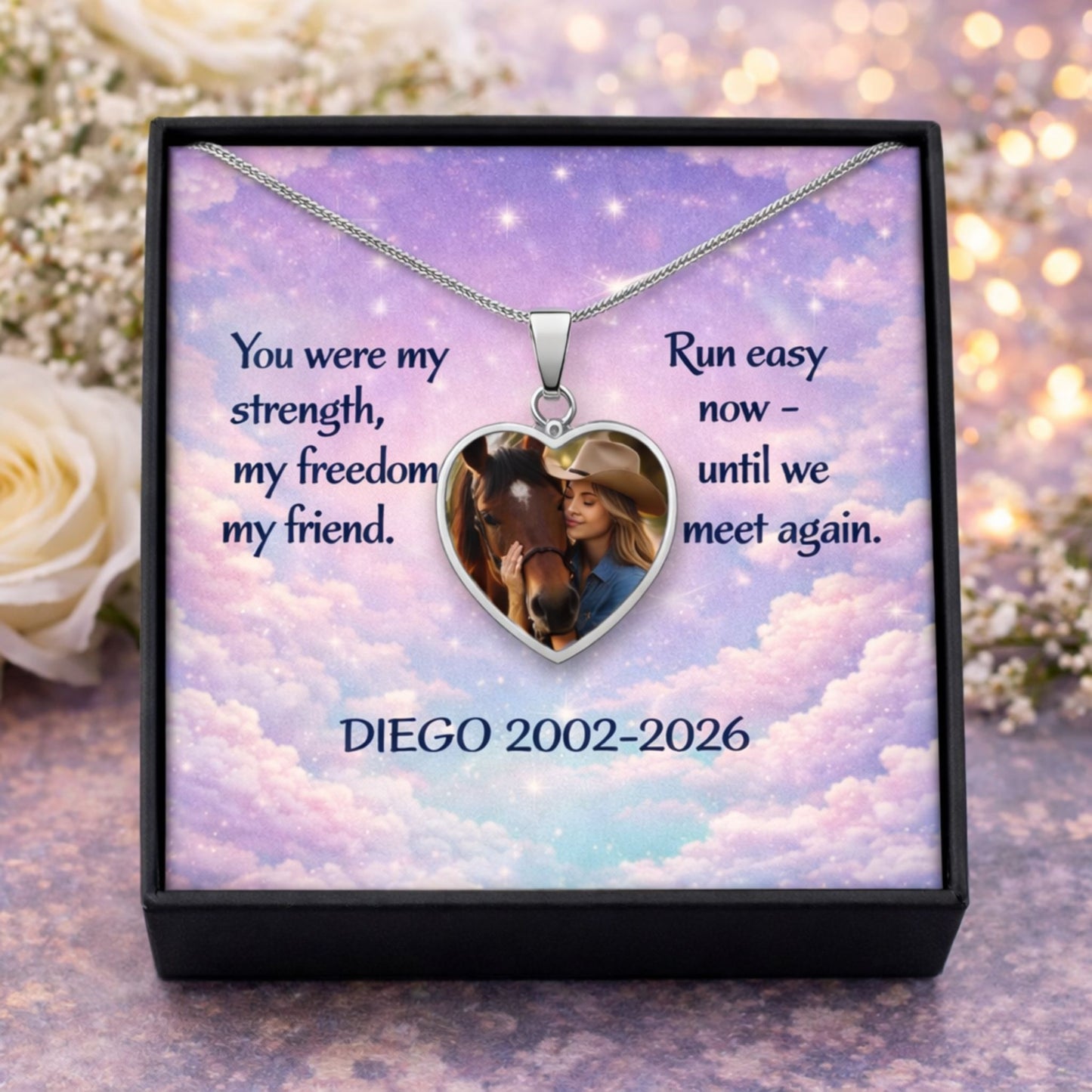 Custom Horse Memorial Photo Heart Necklace with Message Card Gift For Horse Lovers