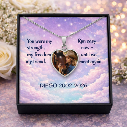 Custom Horse Memorial Photo Heart Necklace with Message Card Gift For Horse Lovers