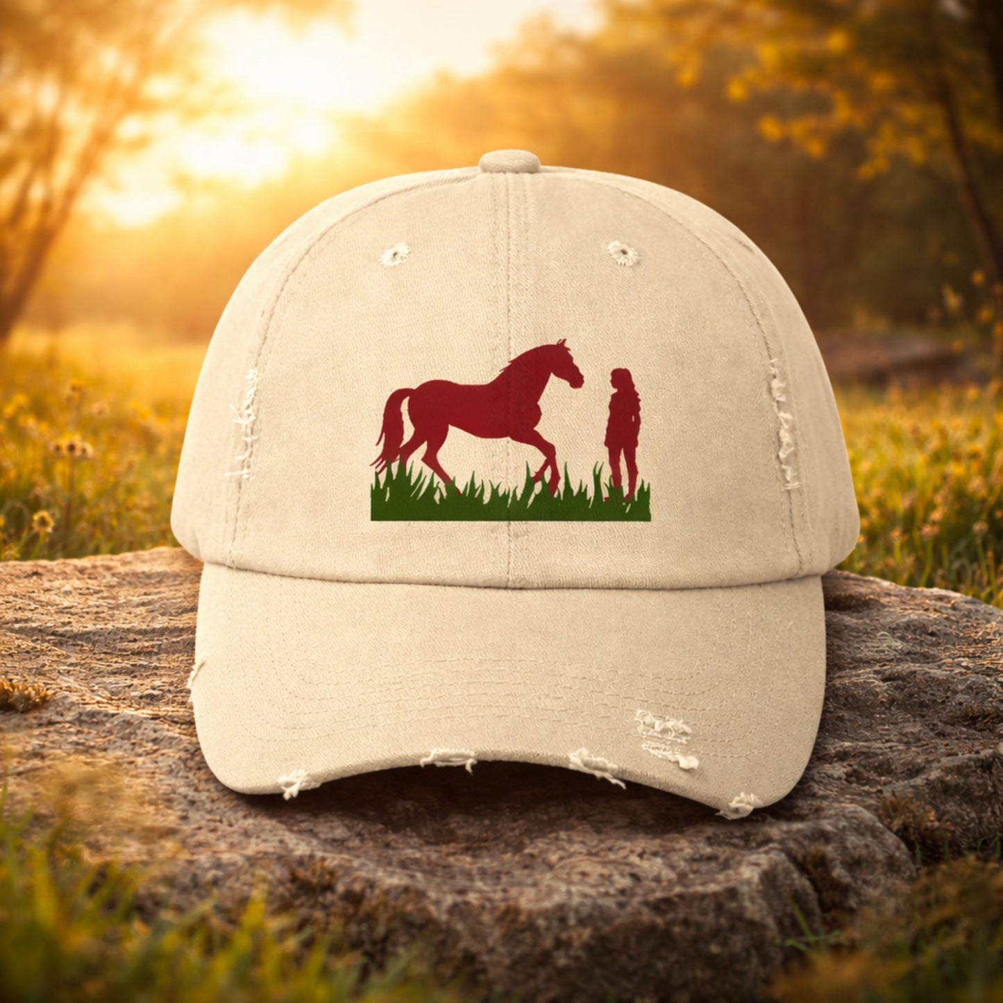 Distressed Horse & Rider Cap — Rustic Equestrian Baseball Hat