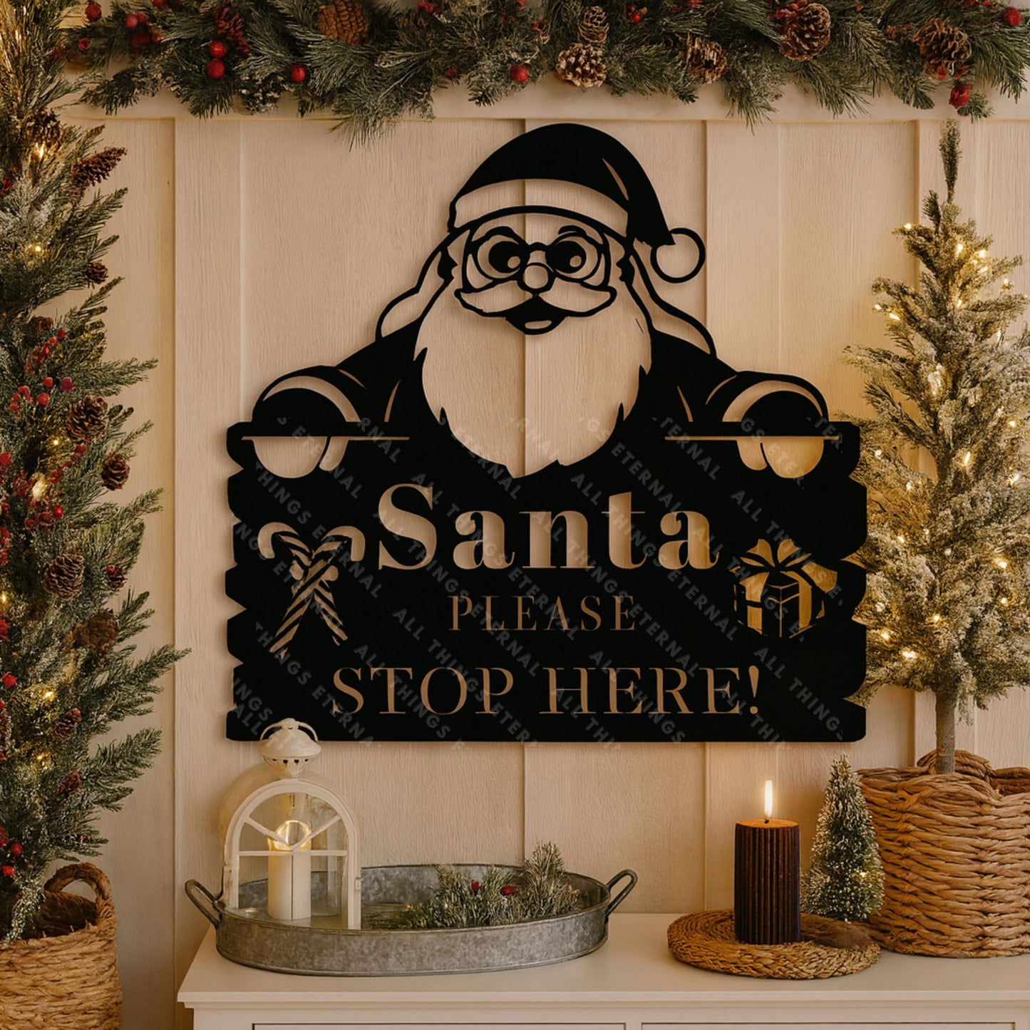 Santa Please Stop Here Metal Christmas Sign | Holiday Decor