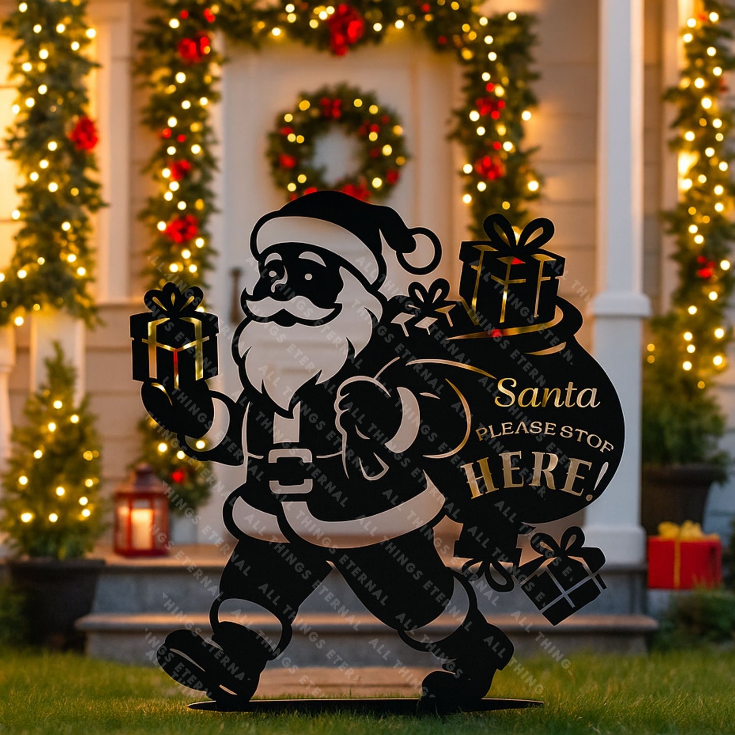 Santa Please Stop Here Metal Yard Sign | Christmas Garden Decor