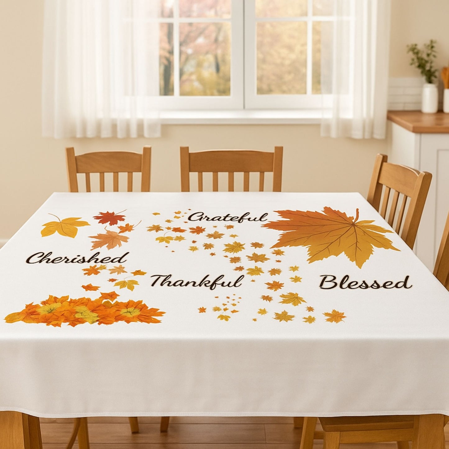 Fall Leaves Tablecloth – Grateful, Blessed, Thankful Thanksgiving Decor
