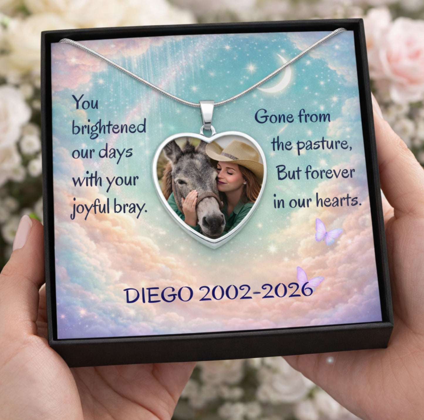 Personalized Donkey Memorial Photo Heart Necklace – Custom Jewelry Gift