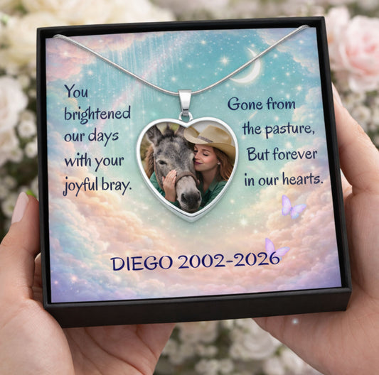 Personalized Donkey Memorial Photo Heart Necklace – Custom Jewelry Gift