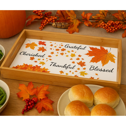 Grateful Thankful Blessed Wooden Serving Tray | Rustic Holiday Tableware