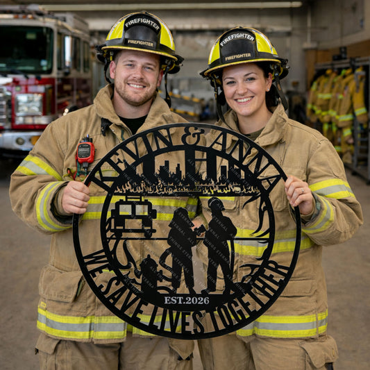 Personalized Firefighter Couple Metal Sign – Custom Name Wall Art
