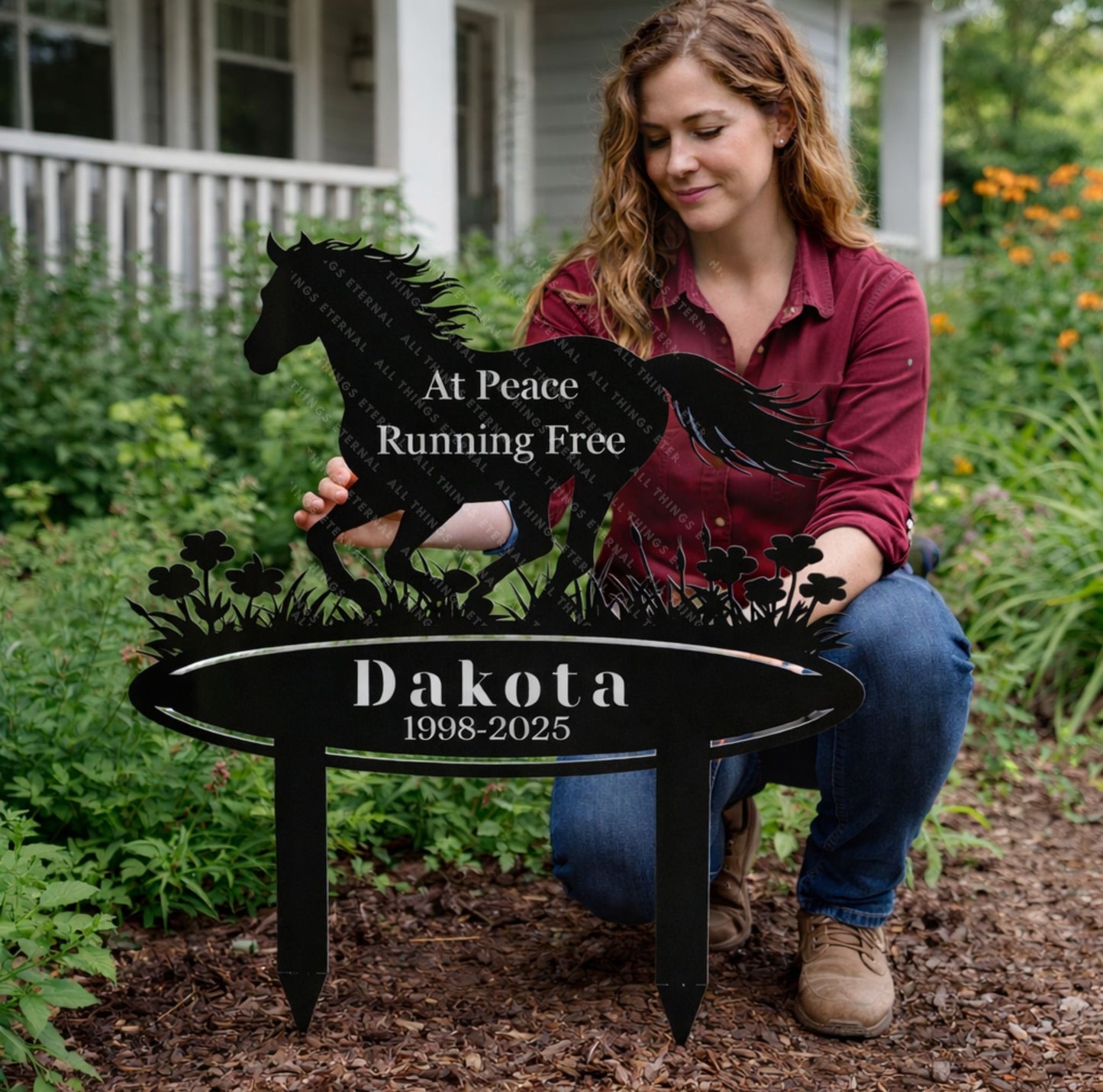 Horse Memorial Metal Garden Stake – Custom Running Horse Tribute Sign with Name & Dates
