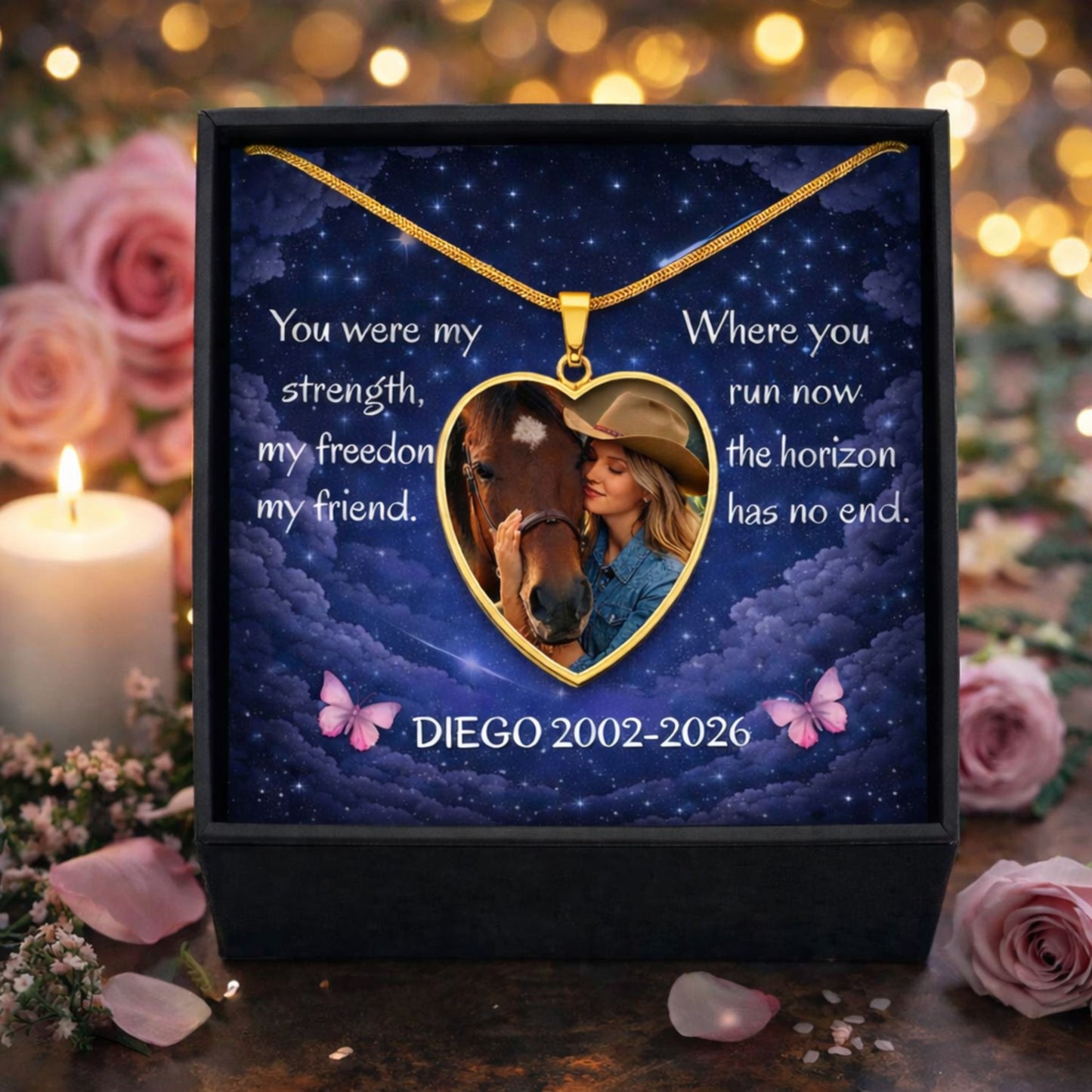 Custom Horse Memorial Photo Heart Necklace with Heartfelt Message Card Gift