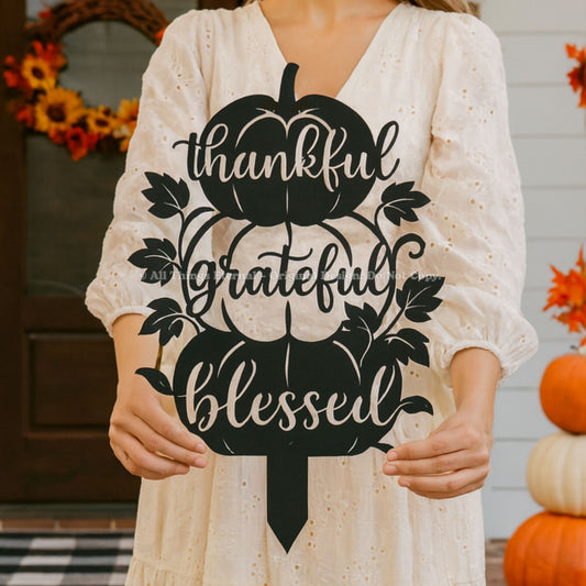 Thankful Grateful Blessed Pumpkin Metal Yard Sign