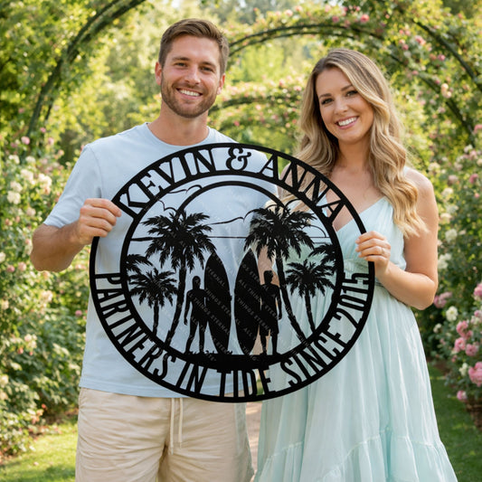 Personalized Surfer Couple Metal Wall Art | Custom Husband & Wife