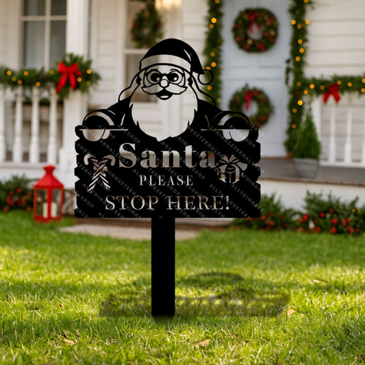 Santa Please Stop Here Metal Yard Sign | Outdoor Christmas Decor