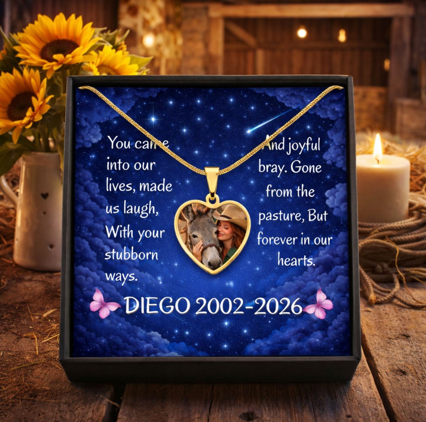 Custom Donkey Memorial Heart Necklace with Personalized Message Card