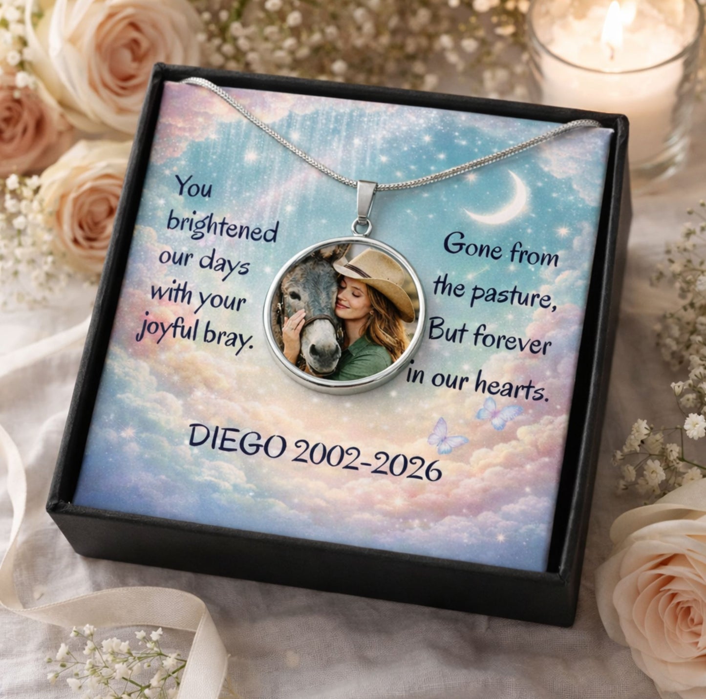 Personalized Donkey Memorial Photo Heart Necklace – Custom Jewelry Gift