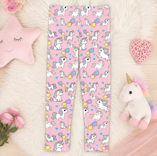 Pink Unicorn Kids Leggings — Cute Rainbow Stars All-Over Print