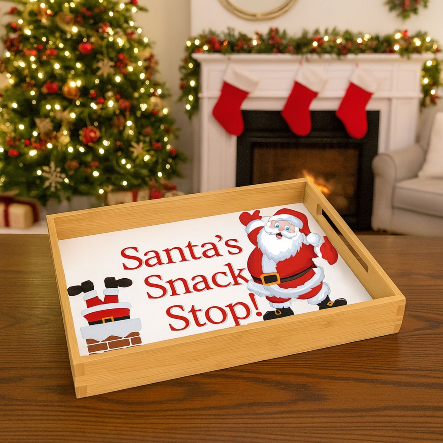 Espresso Black Funny Santa's Snack Stop Serving Tray, Holiday Kitchen Decoration
