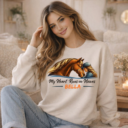 Custom Name My Heart Runs on Hooves Sweatshirt Horse Lovers Gift for Women