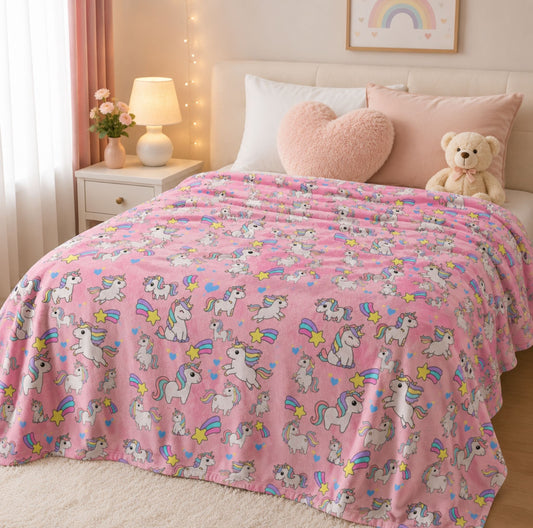 Unicorn Pattern Velveteen Plush Blanket | Pink Unicorn & Rainbow Throw