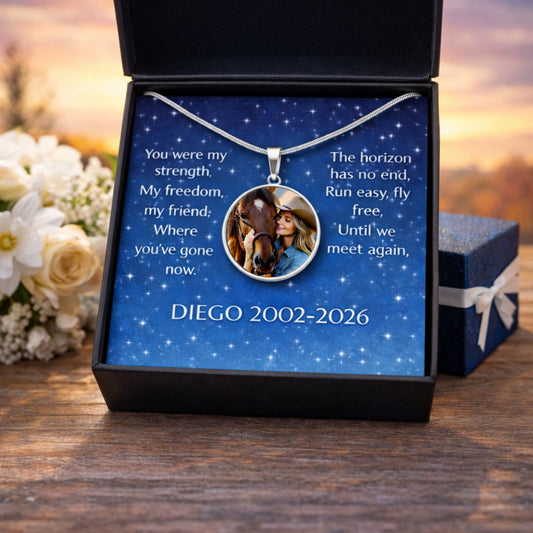 Personalized Horse Memorial Photo Necklace – Custom Horse Owner Remembrance Jewelry Gift
