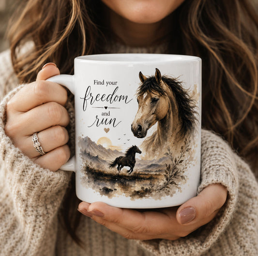 Find Your Freedom and Run Horse Mug – Equestrian Coffee Cup Gift