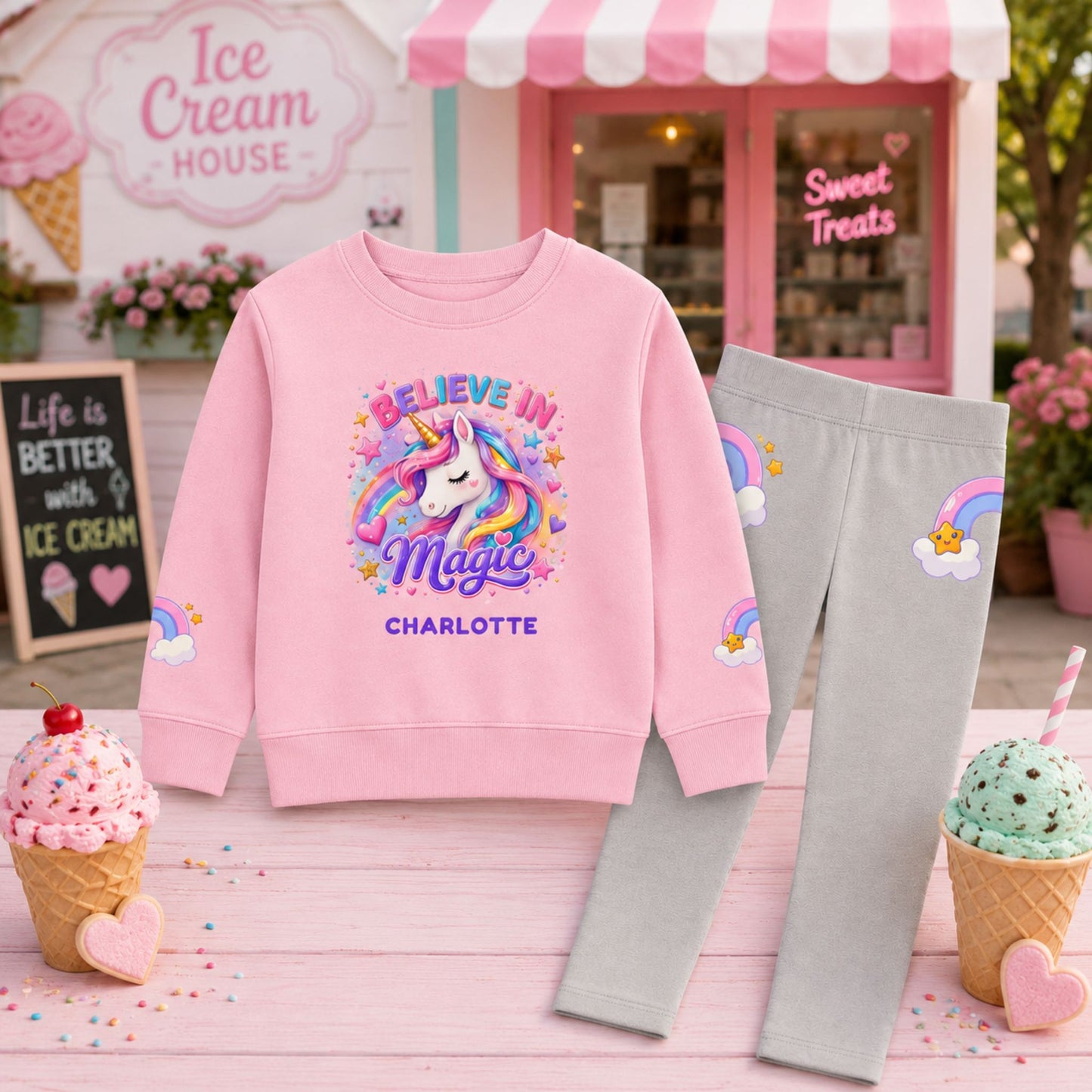 Personalized Unicorn Kids Sweatshirt & Leggings Set | Believe in Magic