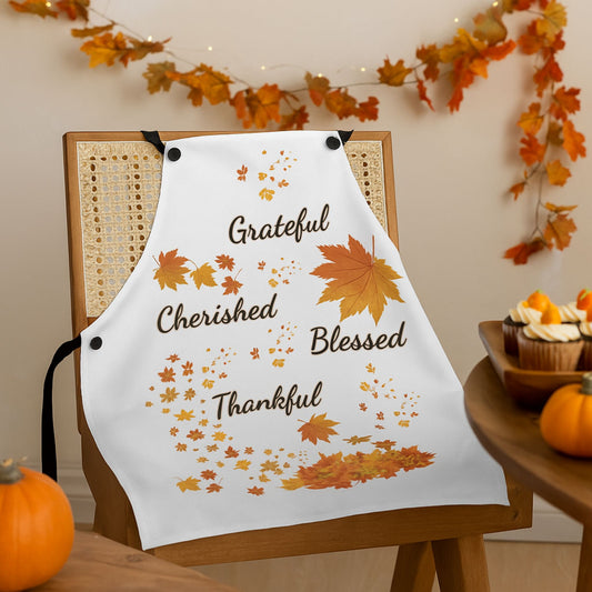White Thankful Autumn Apron | Fall Cooking Apron | Thanksgiving Gift