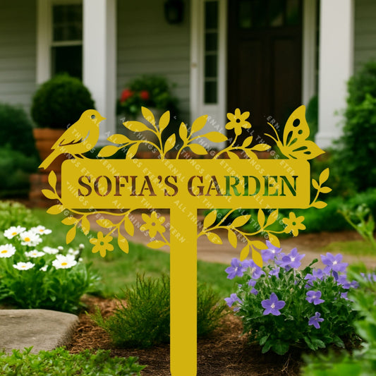 Custom Metal Garden Sign – Bird & Flower Personalized Yard Decor