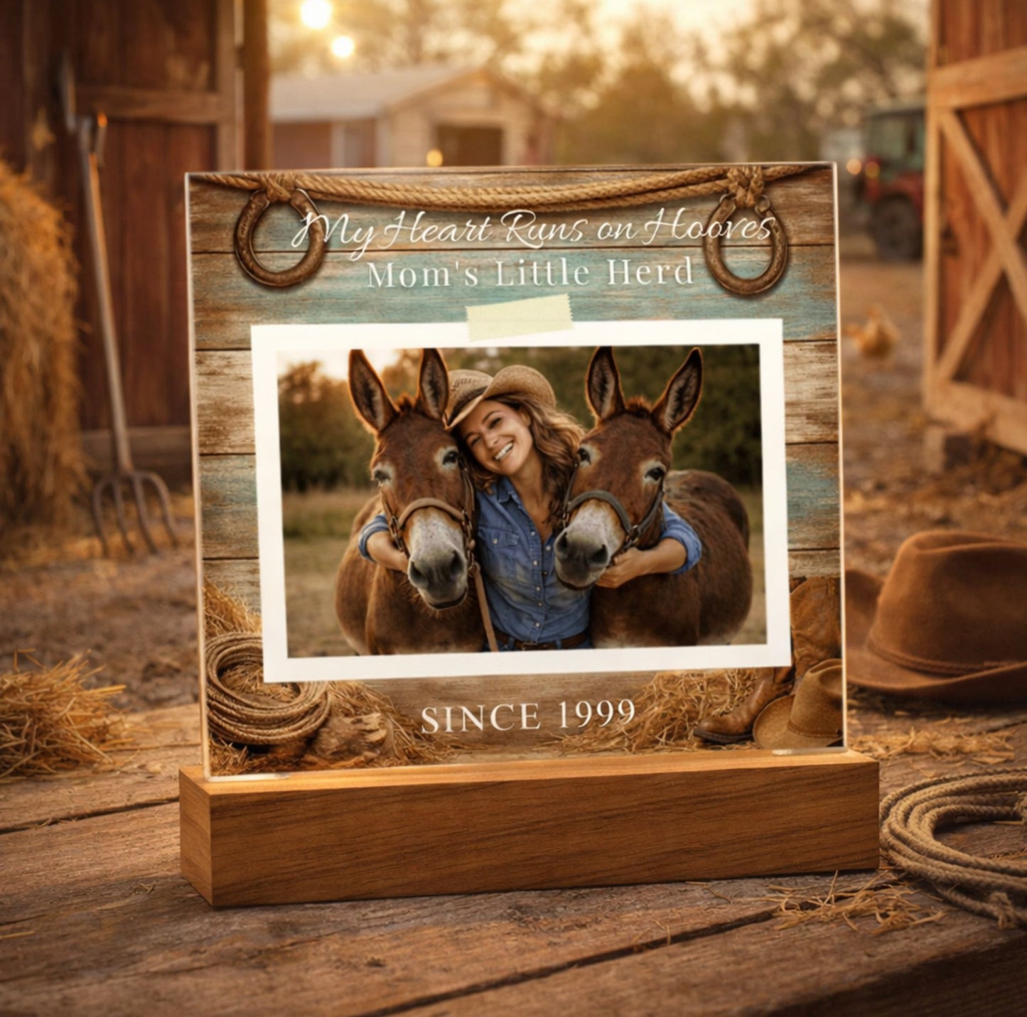 Personalized Mule Mom Photo Square Acrylic Plaque – My Heart Runs on Hooves With Name & Date