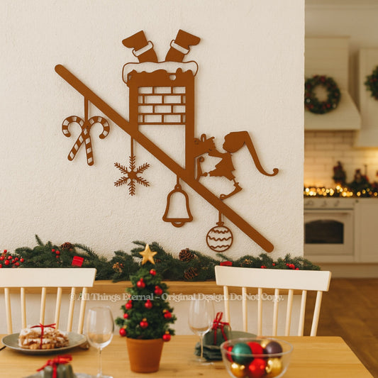 Santa & Elf Chimney Metal Wall Art – Christmas Door & Porch Decor