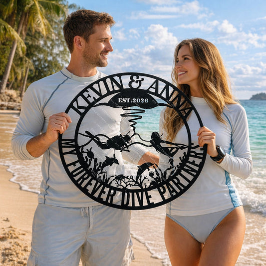 Custom Diving Couple Metal Wall Art | Personalized Scuba Diver Sign