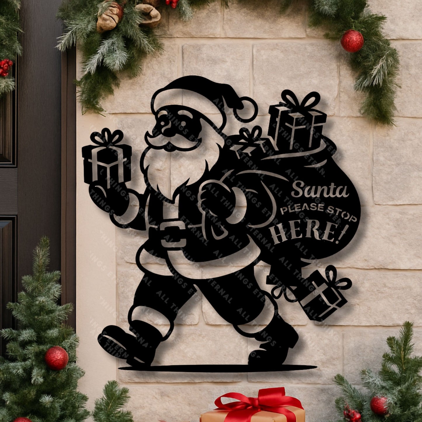 Santa Please Stop Here Metal Sign – Christmas Porch Decoration