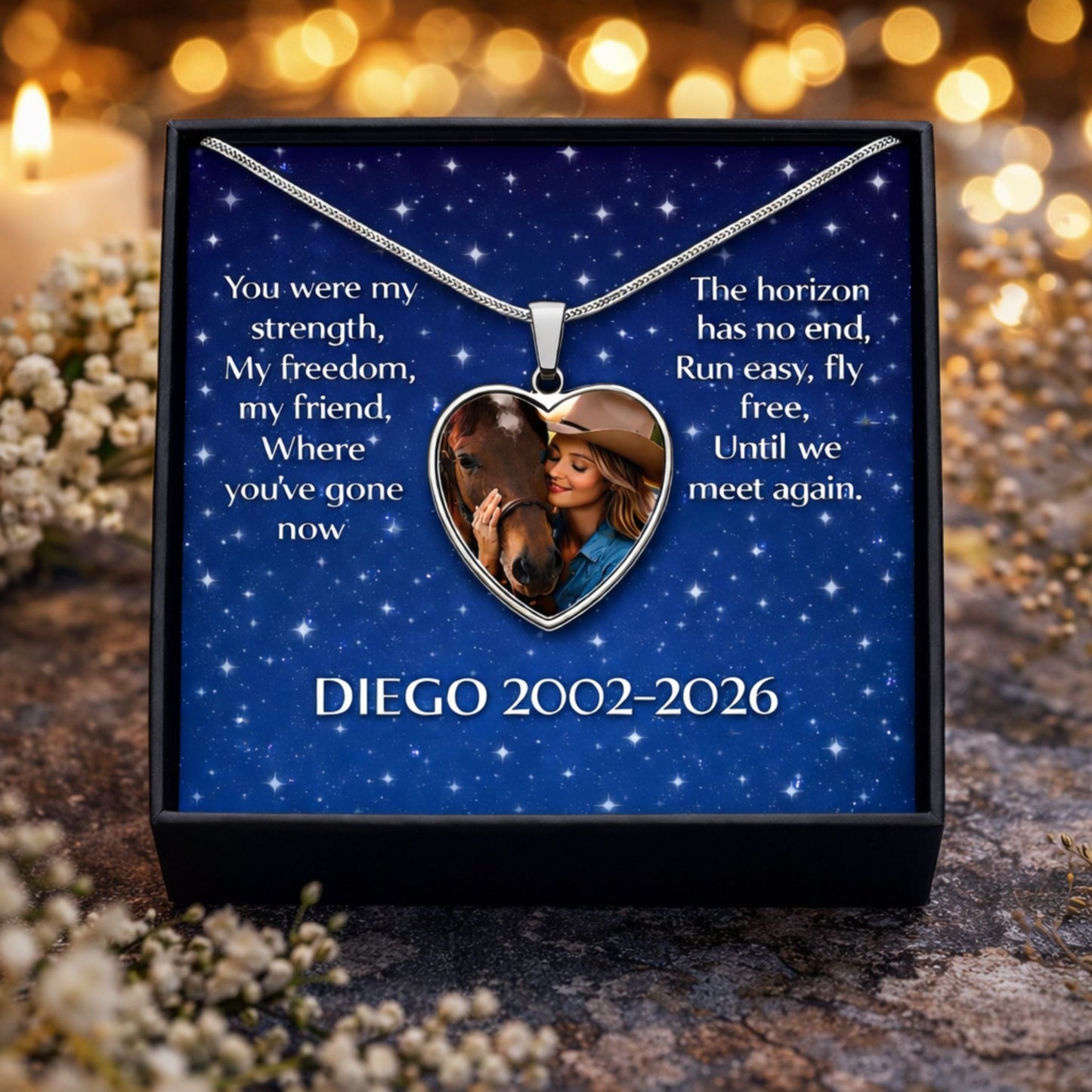 Personalized Horse Memorial Photo Heart Necklace with Message Card