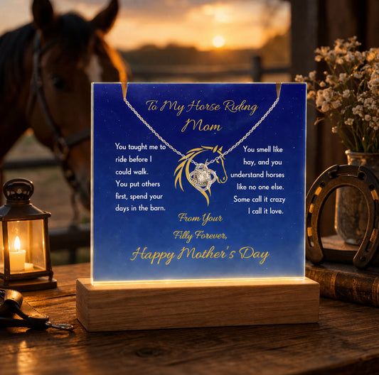 Horse Mom Love Knot Necklace with Message Plaque Mother's Day