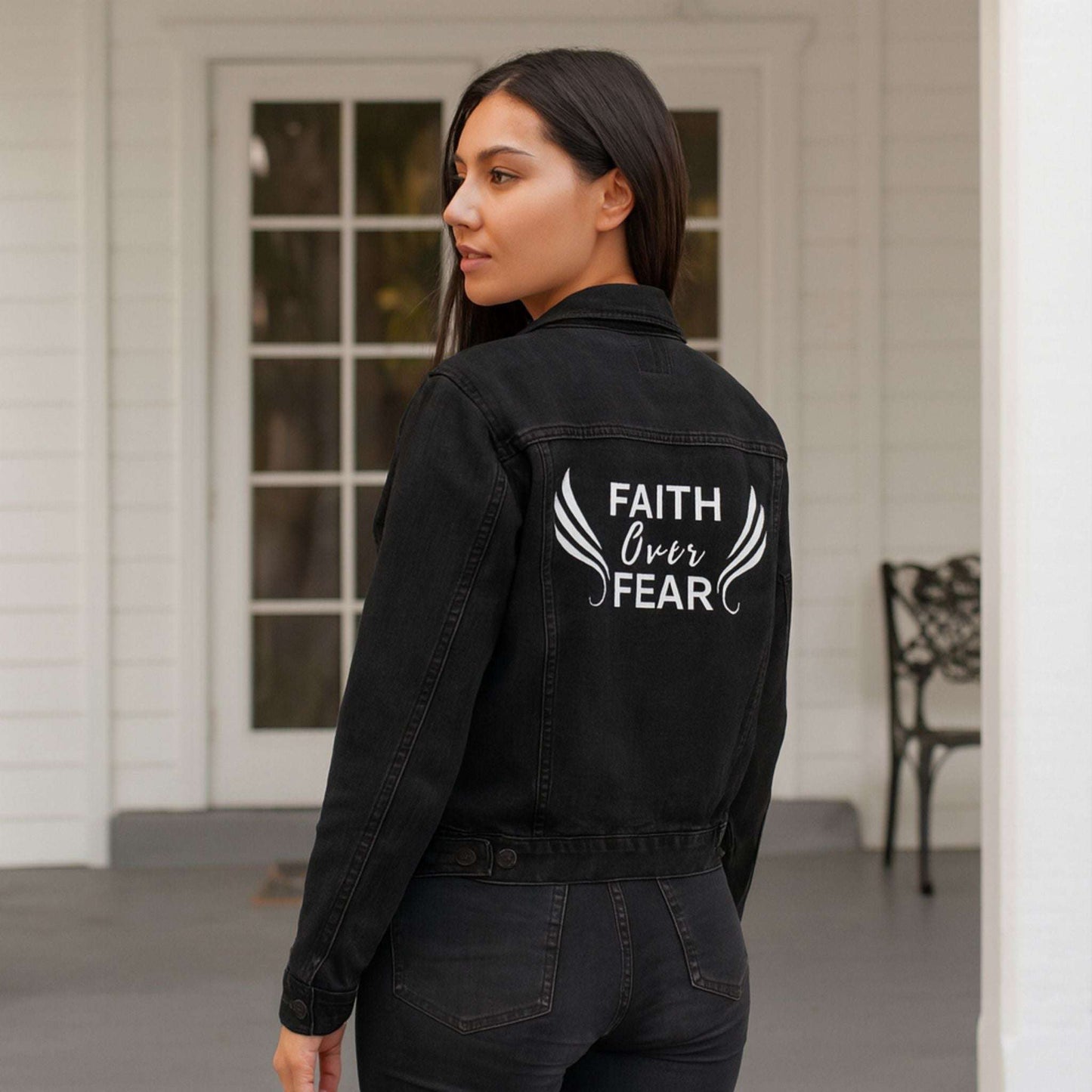 Unisex Faith Over Fear Denim Embroidered Jacket