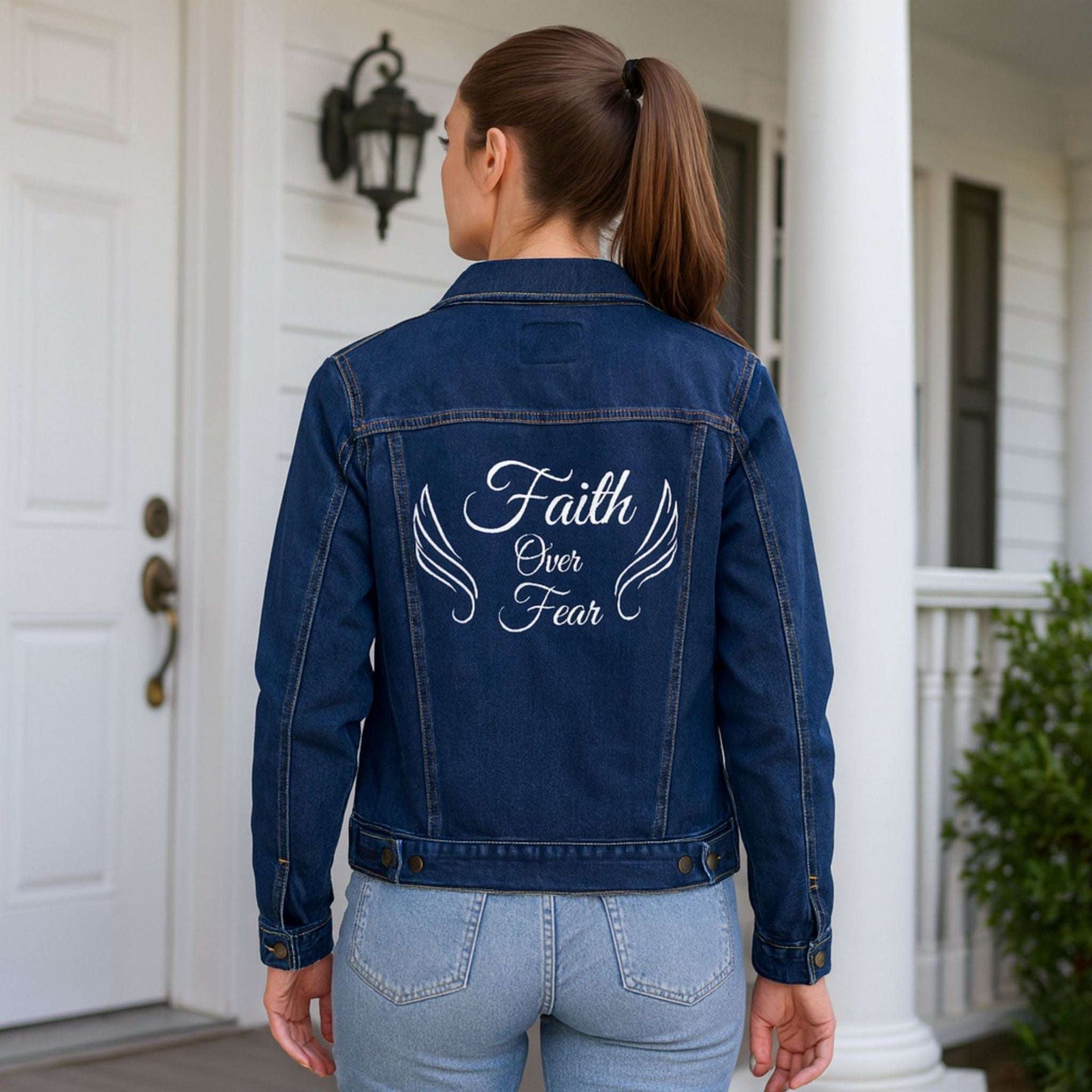 Embroidered Faith Over Fear Women's Denim Jacket