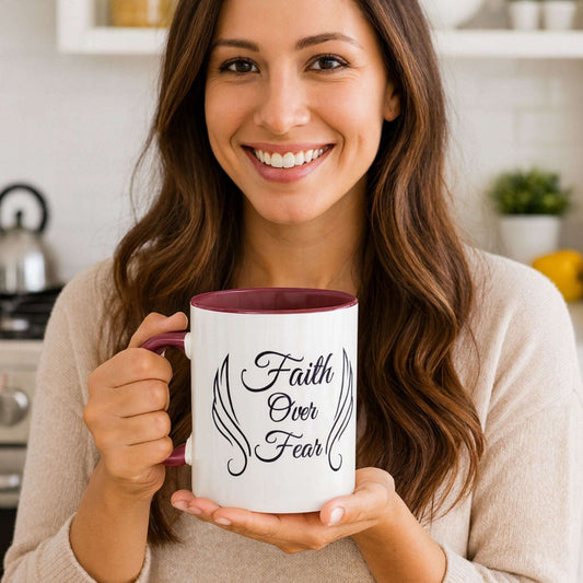 Faith Over Fear Two-Tone Coffee Mug – Wings Design, Christian Inspirational Gift