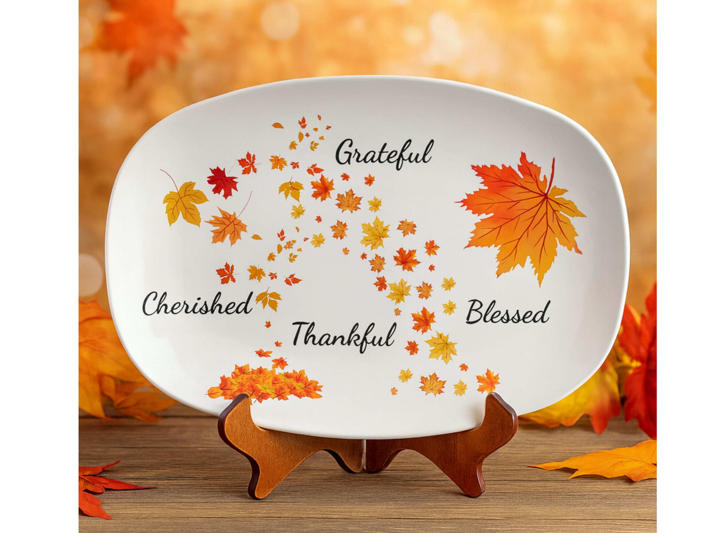 Thanksgiving Serving Platter 10x14 – Autumn Leaves Grateful Blessed Thankful