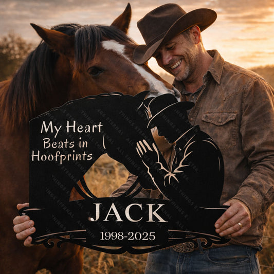 Custom Name Horse Memorial Metal Sign – My Heart Beats in Hoofprints