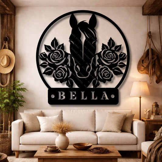 Personalized Horse Stall Name Metal Sign | Floral Horse Barn Wall Decor