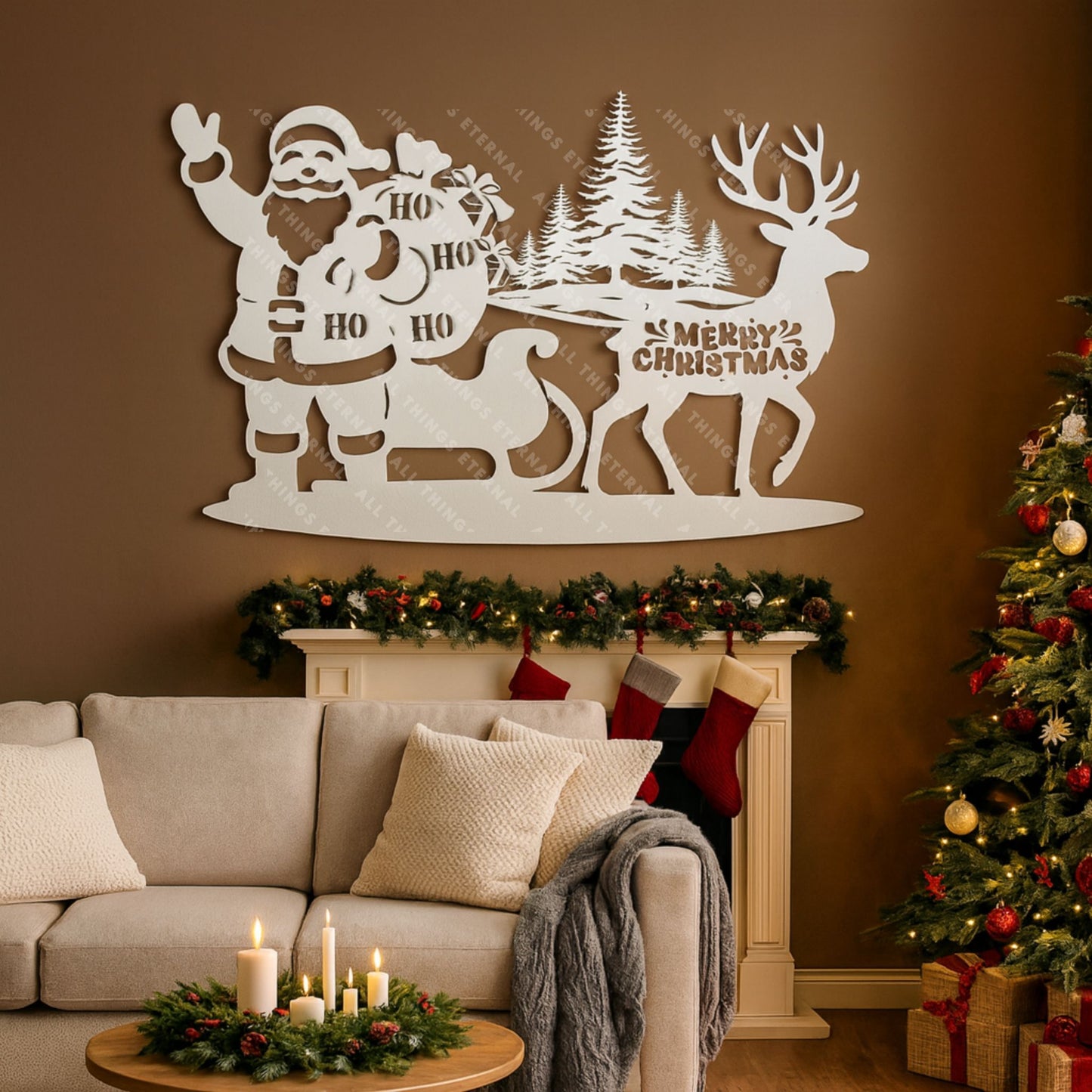 Santa & Reindeer Metal Wall Sign – Rustic Christmas Home Decor