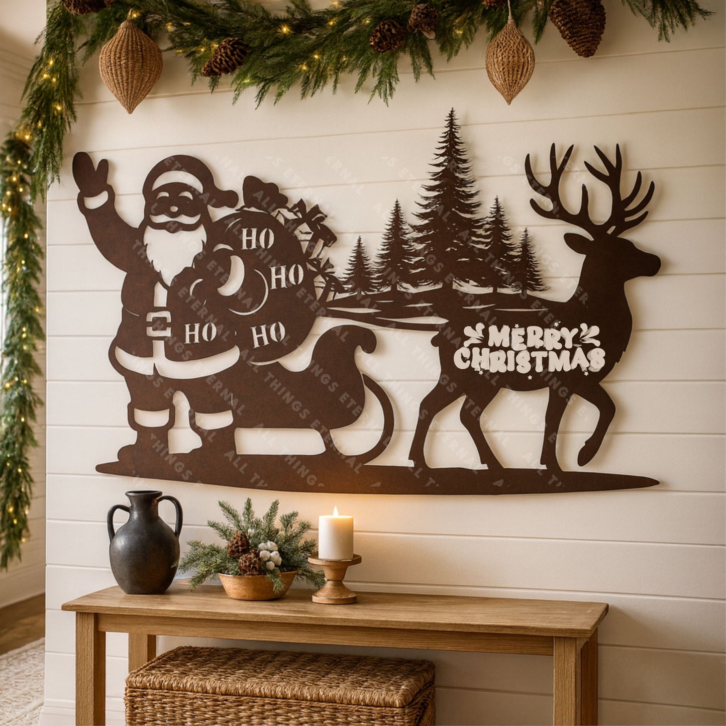 Santa & Reindeer Metal Wall Sign – Rustic Christmas Home Decor