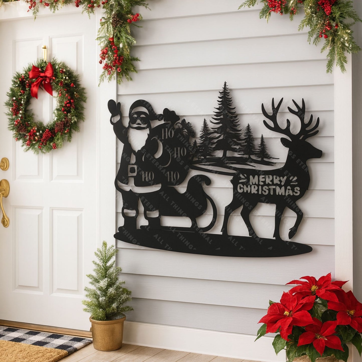 Santa & Reindeer Metal Wall Sign – Rustic Christmas Home Decor