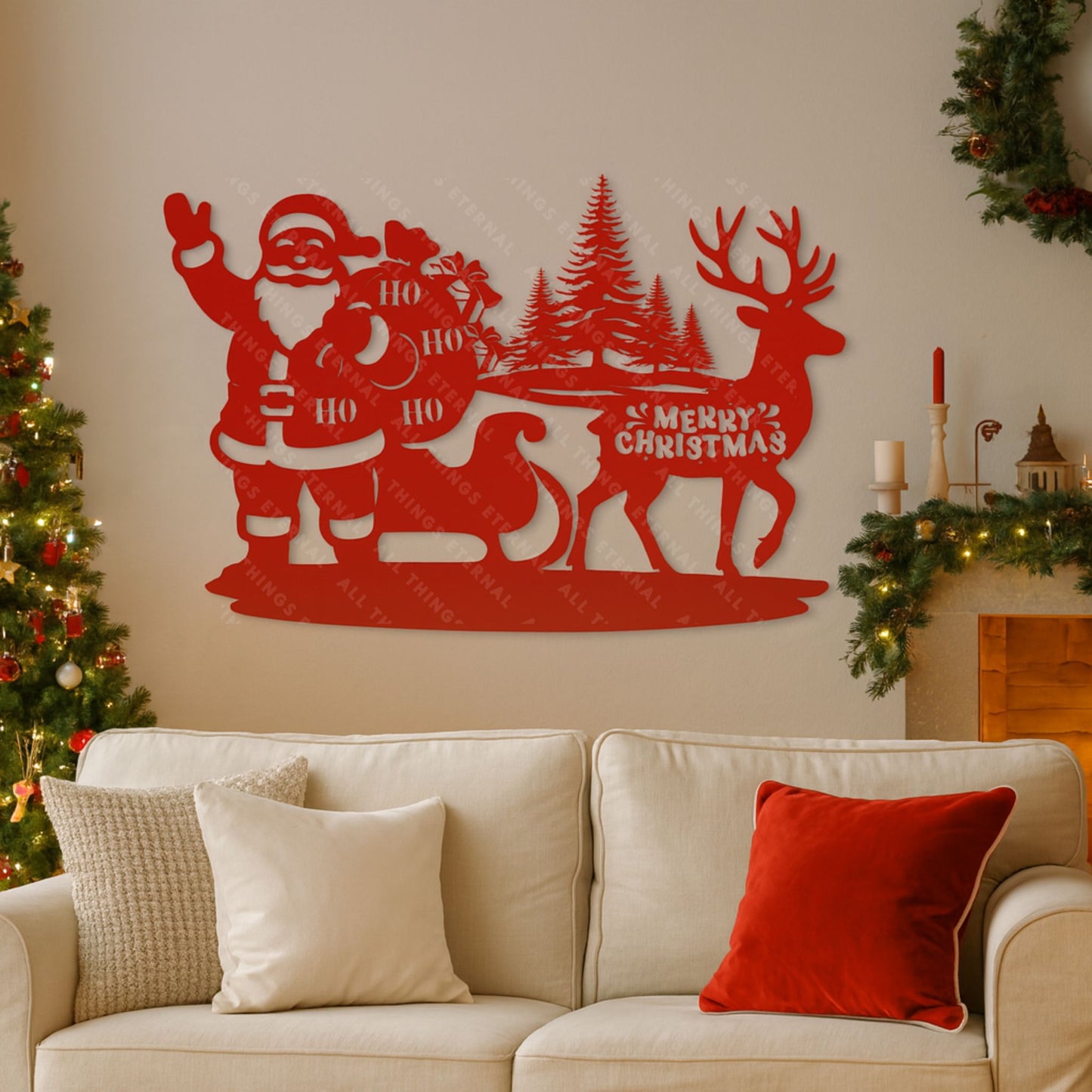 Santa & Reindeer Metal Wall Sign – Rustic Christmas Home Decor
