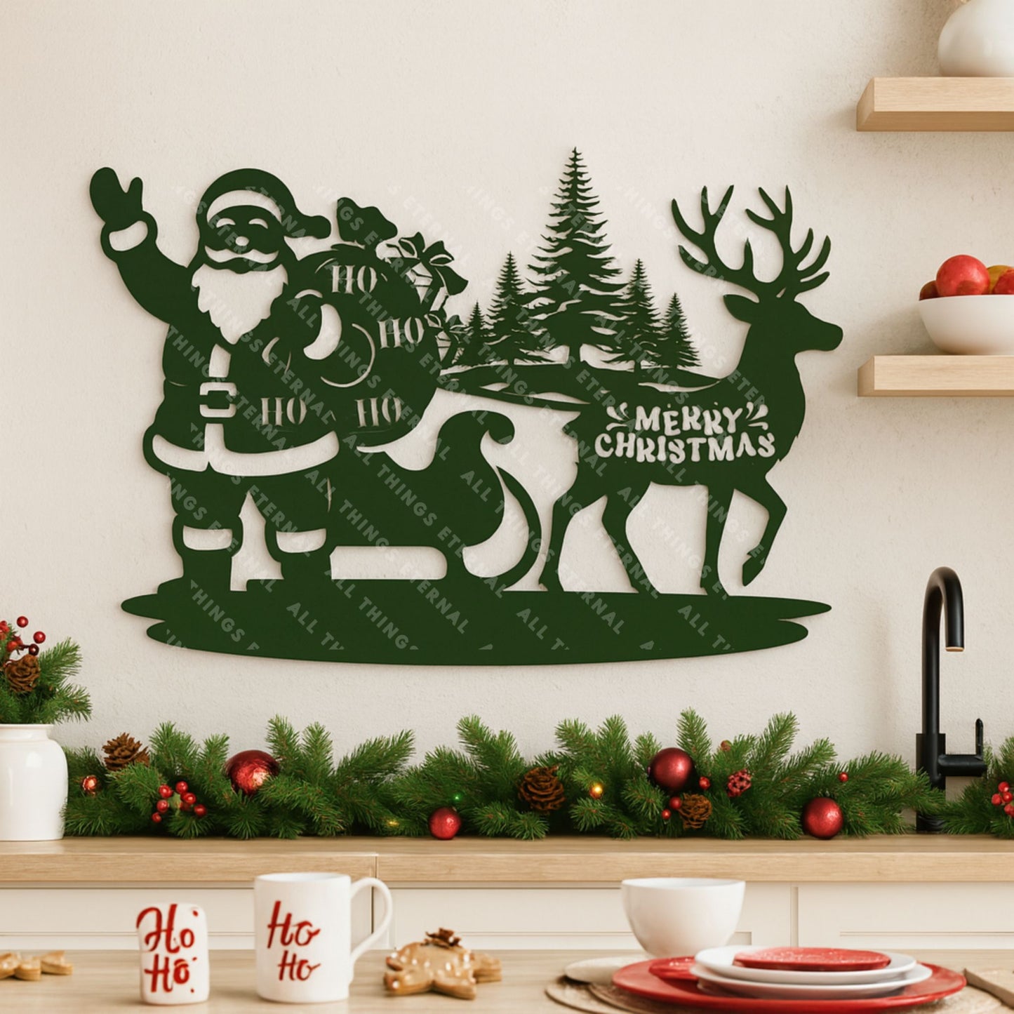 Santa & Reindeer Metal Wall Sign – Rustic Christmas Home Decor