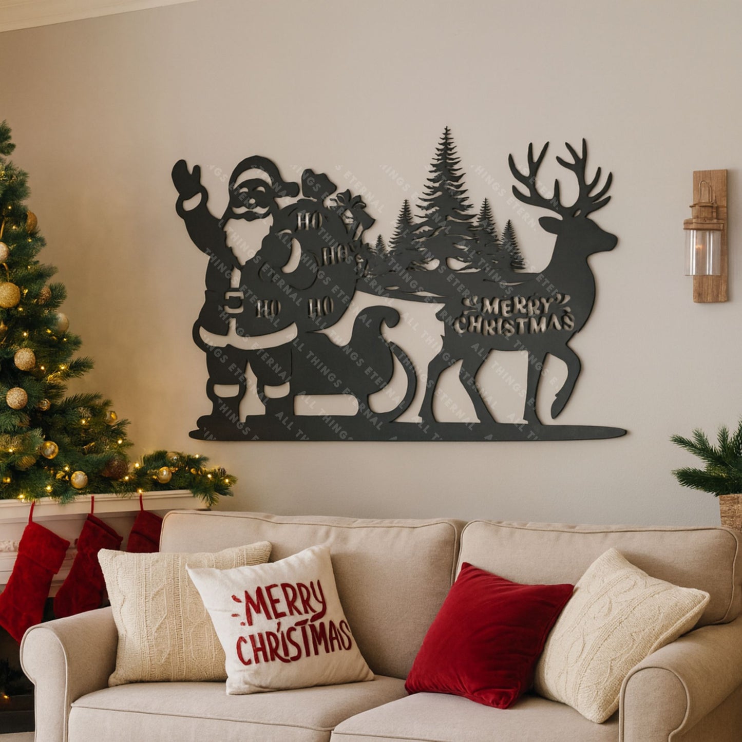Santa & Reindeer Metal Wall Sign – Rustic Christmas Home Decor