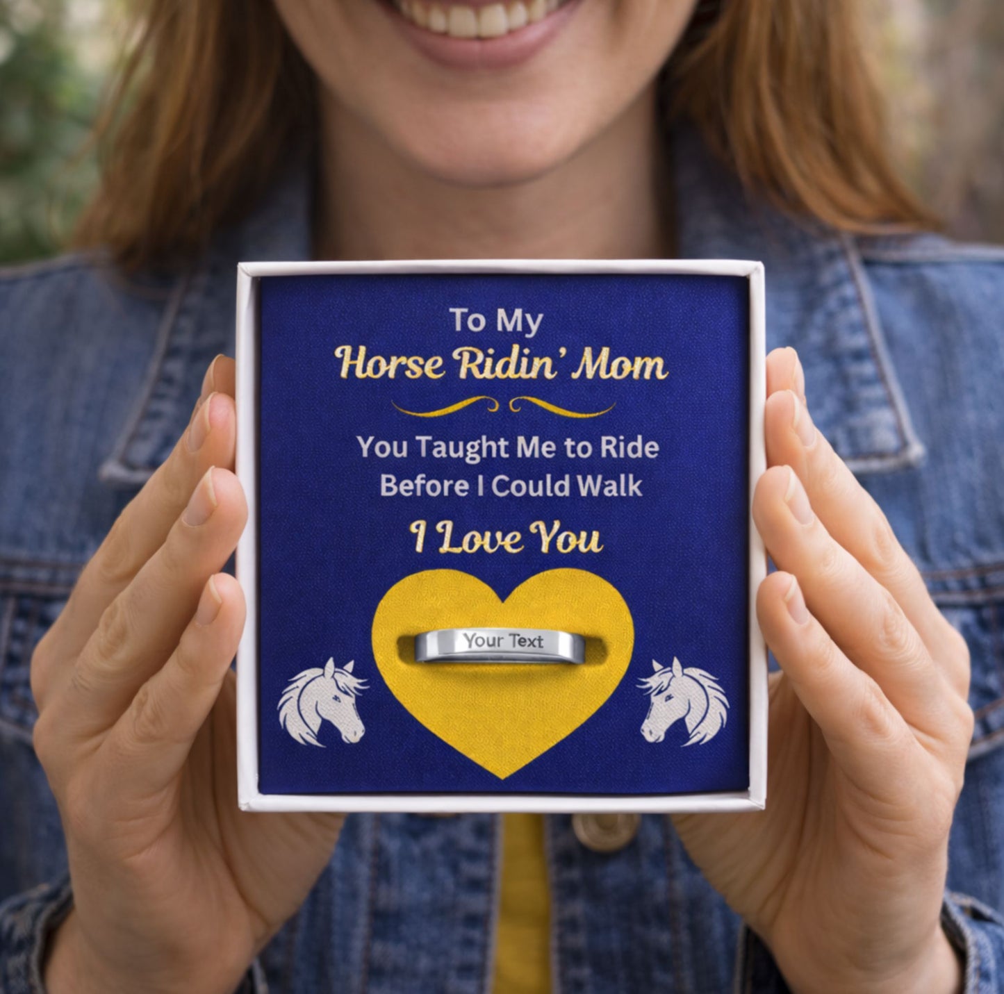 Horse Mom Personalized Engraved Ring with Message Card Gift