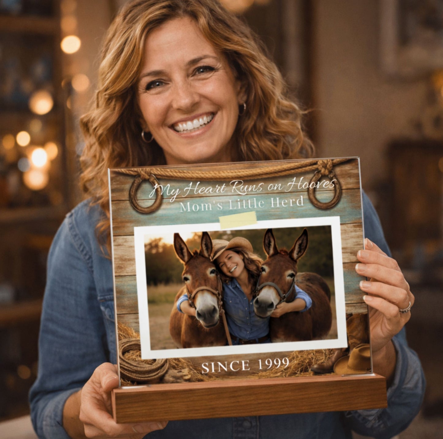 Personalized Mule Mom Photo Square Acrylic Plaque – My Heart Runs on Hooves With Name & Date