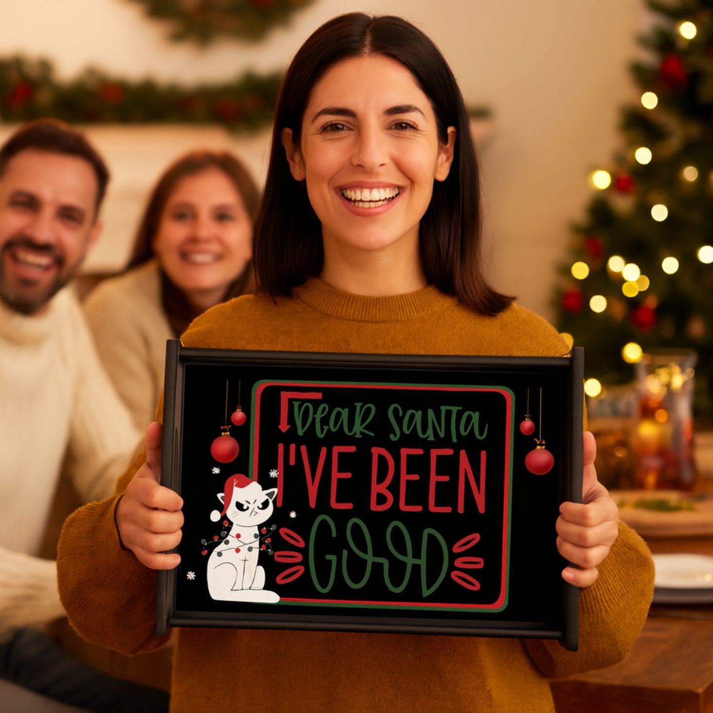 Funny Cat Christmas Tray – Dear Santa Espresso Black Party Platter