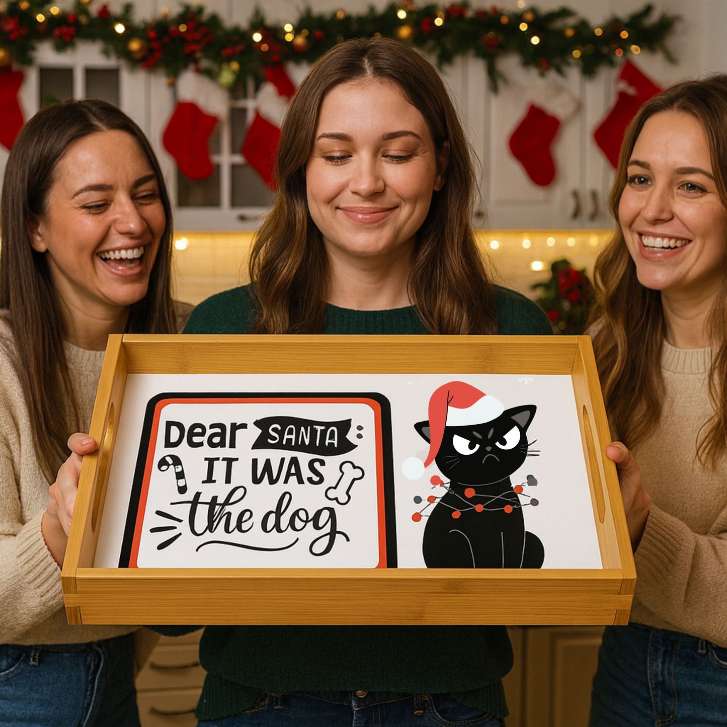 Funny Cat Wood Serving Tray | Christmas & Holiday Party Platter