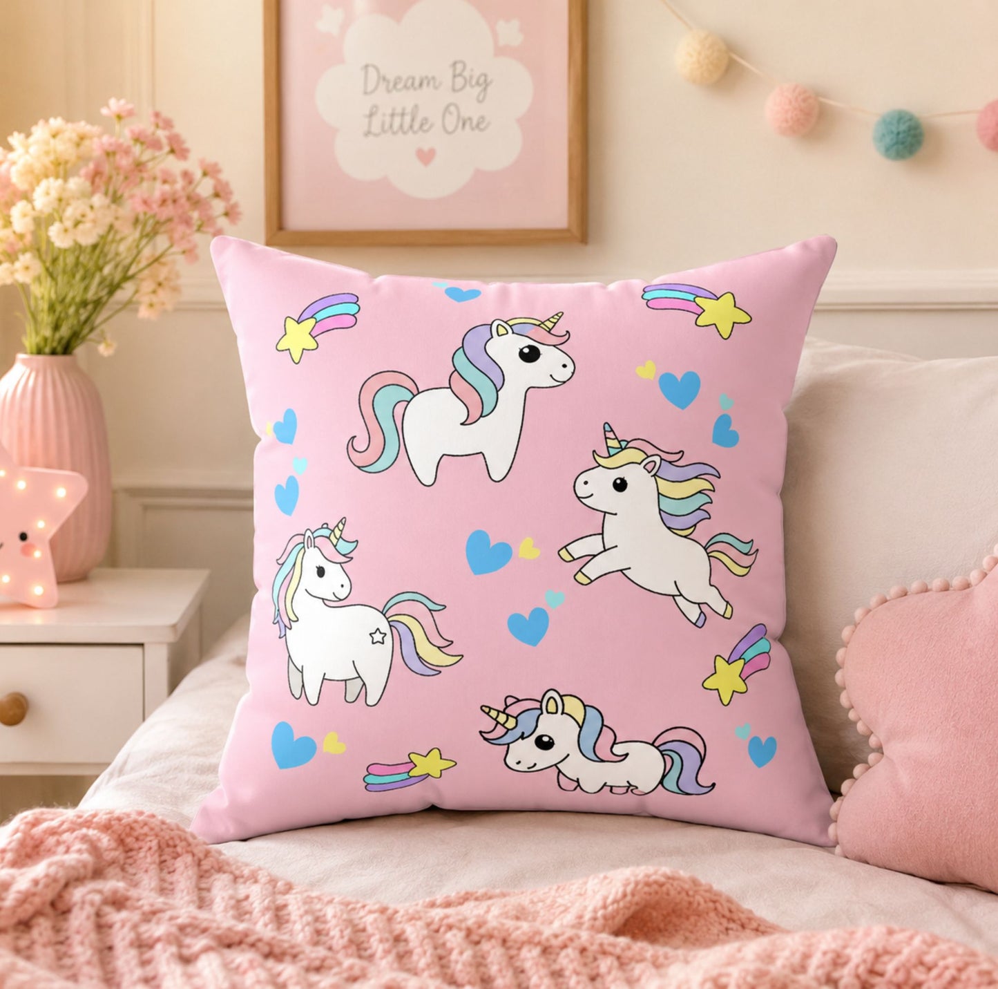 Cute Pastel Unicorn Pillowcase | Pink Kids Decorative Throw Pillow Cover
